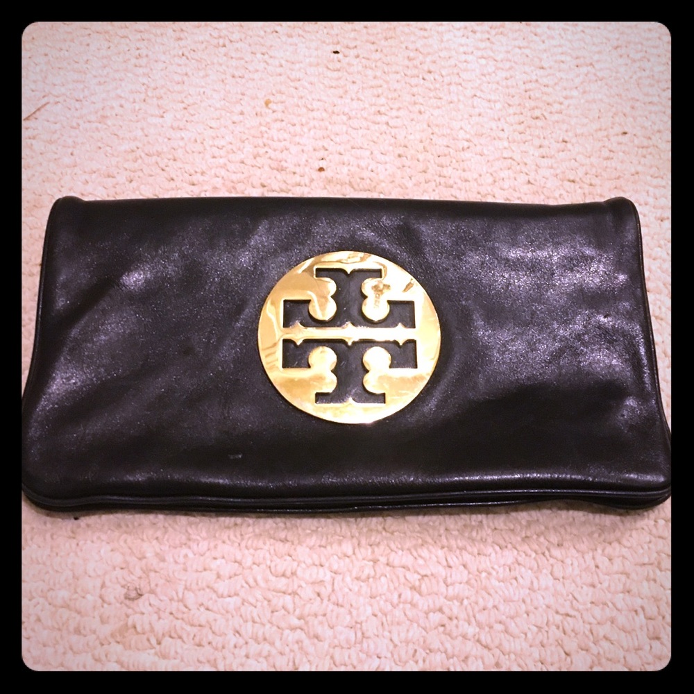 Tory Burch Black Leather Clutch with Gold Logo